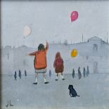 Janet Ledger (b.1934) CHILD WITH BALOONS, oil on board, framed and mounted, signed bottom left