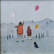 Janet Ledger (b.1934) CHILD WITH BALOONS, oil on board, framed and mounted, signed bottom left