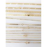 Four yellow gold fancy-link neck chains, 53, 42, 40, 50 cm, one broken and three other neck chains