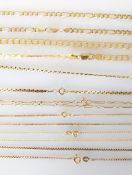 Four yellow gold fancy-link neck chains, 53, 42, 40, 50 cm, one broken and three other neck chains