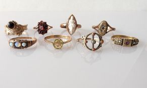 A selection of eight Edwardian rose and yellow gold rings, mixed sizes, all stamped/hallmarked 9ct