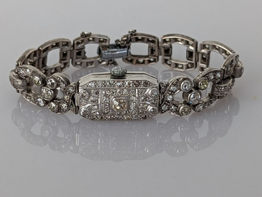 An Art Deco diamond and platinum cocktail watch bracelet, the Lusina Geneve Swiss timepiece signed - Image 2 of 6