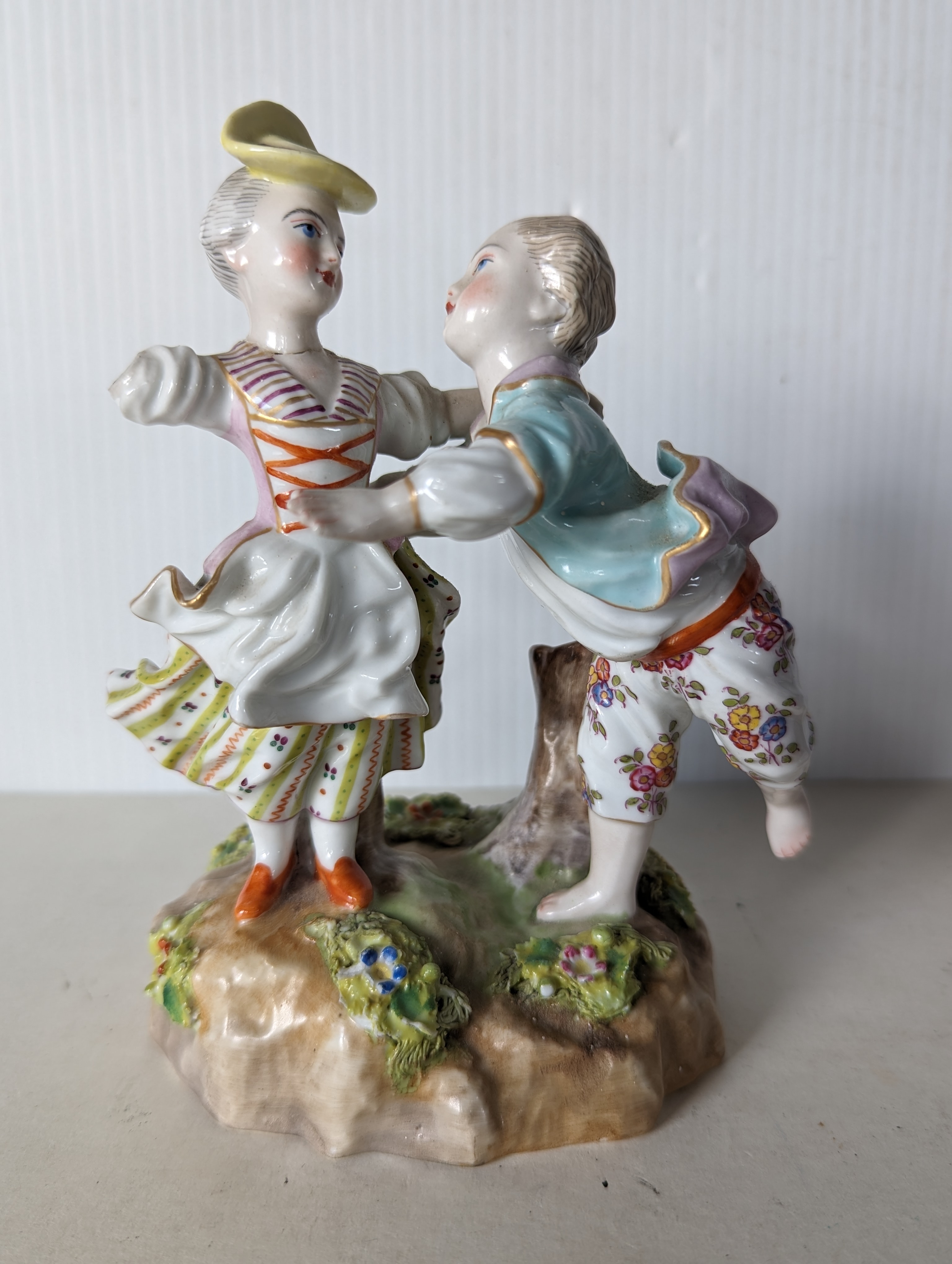 A 19th century Meissen group of two figures dancing on a raised base, 16 cm H, repair to neck - Image 2 of 10