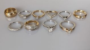 A selection of ten white and yellow gold diamond rings, six 9ct 16.5g, two 14ct, 5.2g and two 18ct 