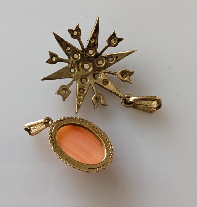 A Victorian-style gold star pendand with seed pearl decoration, 25mm and a carved oval coral pendant - Image 2 of 3