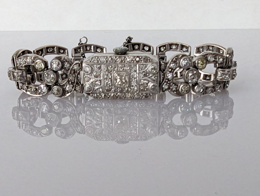 An Art Deco diamond and platinum cocktail watch bracelet, the Lusina Geneve Swiss timepiece signed - Image 4 of 6