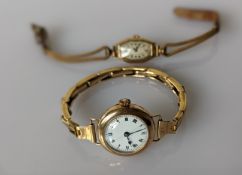 A 1930's ladies wristwatch with a gold case and Bon Marche elastic bracelet, stamped 9ct, 21.3g