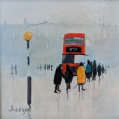 Janet Ledger (b.1934) BUS IN CALEDONIAN ROAD, LONDON N1, oil on board, framed and mounted