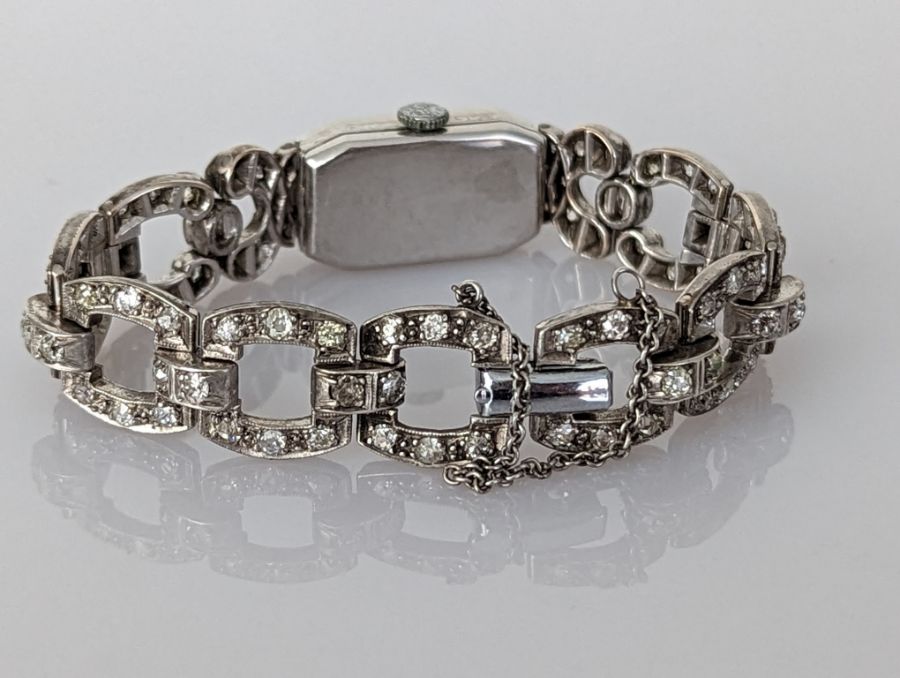 An Art Deco diamond and platinum cocktail watch bracelet, the Lusina Geneve Swiss timepiece signed - Image 3 of 6