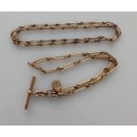 Two Edwardian fancy-link rose gold watch chains, one with T-bar and single lobster clasp, 37 cm