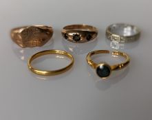 A 22ct yellow gold wedding band, 2mm, size M, 2g; an 18ct gem-set ring, cut, 2.5g