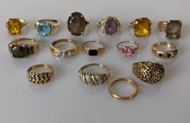 A selection of fifteen yellow gold gem-set rings, mixed sizes, all hallmarked 9ct