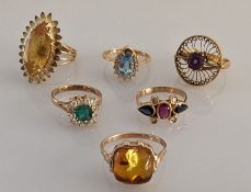 A Russian 583 gold cabochon gem-set ring, size U, 3.95g and five gem-set gold rings