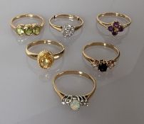 A selection of six gem-set gold rings, mixed sizes/dates, all hallmarked 9ct, 9.8g