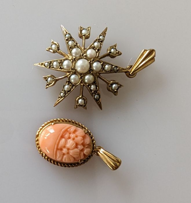 A Victorian-style gold star pendand with seed pearl decoration, 25mm and a carved oval coral pendant - Image 3 of 3