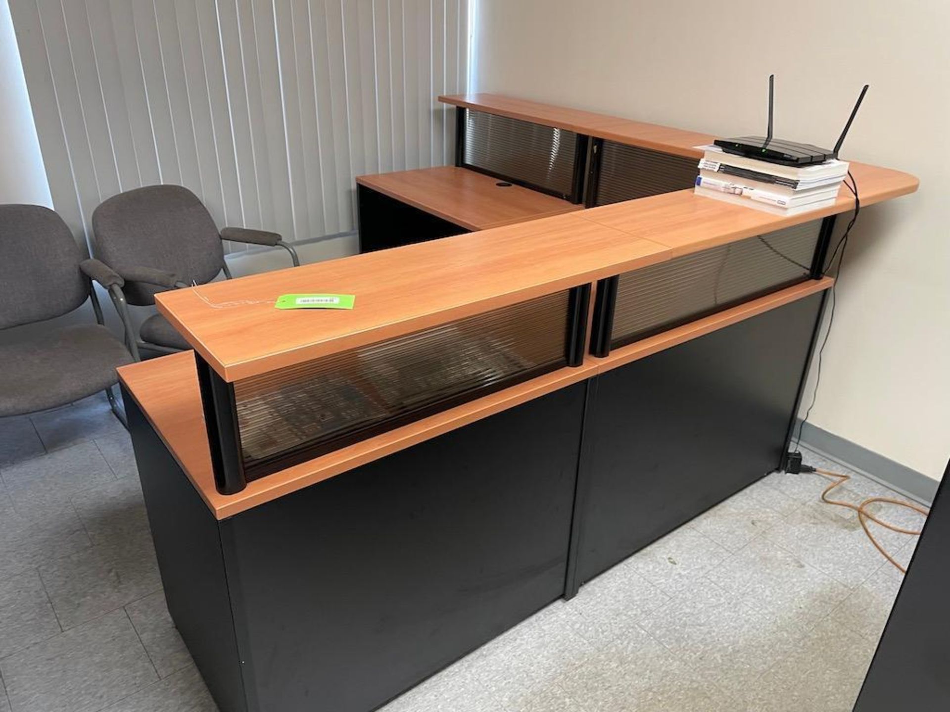 RECEPTION AREA W 7' X 7' RECEPTION DESK, 42" SIDE DESK, EXCLUDES ALL CABINETS, CONTENTS AND ELECTRON