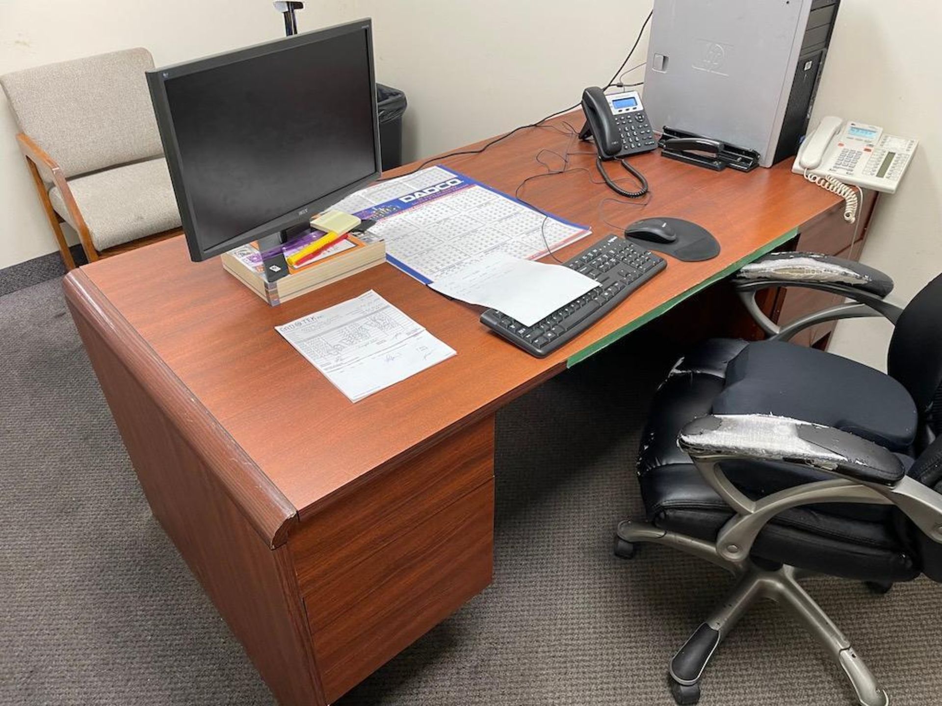 2 OFFICES INCLUDING: 7' X 3' EXEC. TABLE, REAR TABLE, FILE CABINET, 3 CHAIRS, 6'X3' TABLE, 6'X21" RE - Image 6 of 10