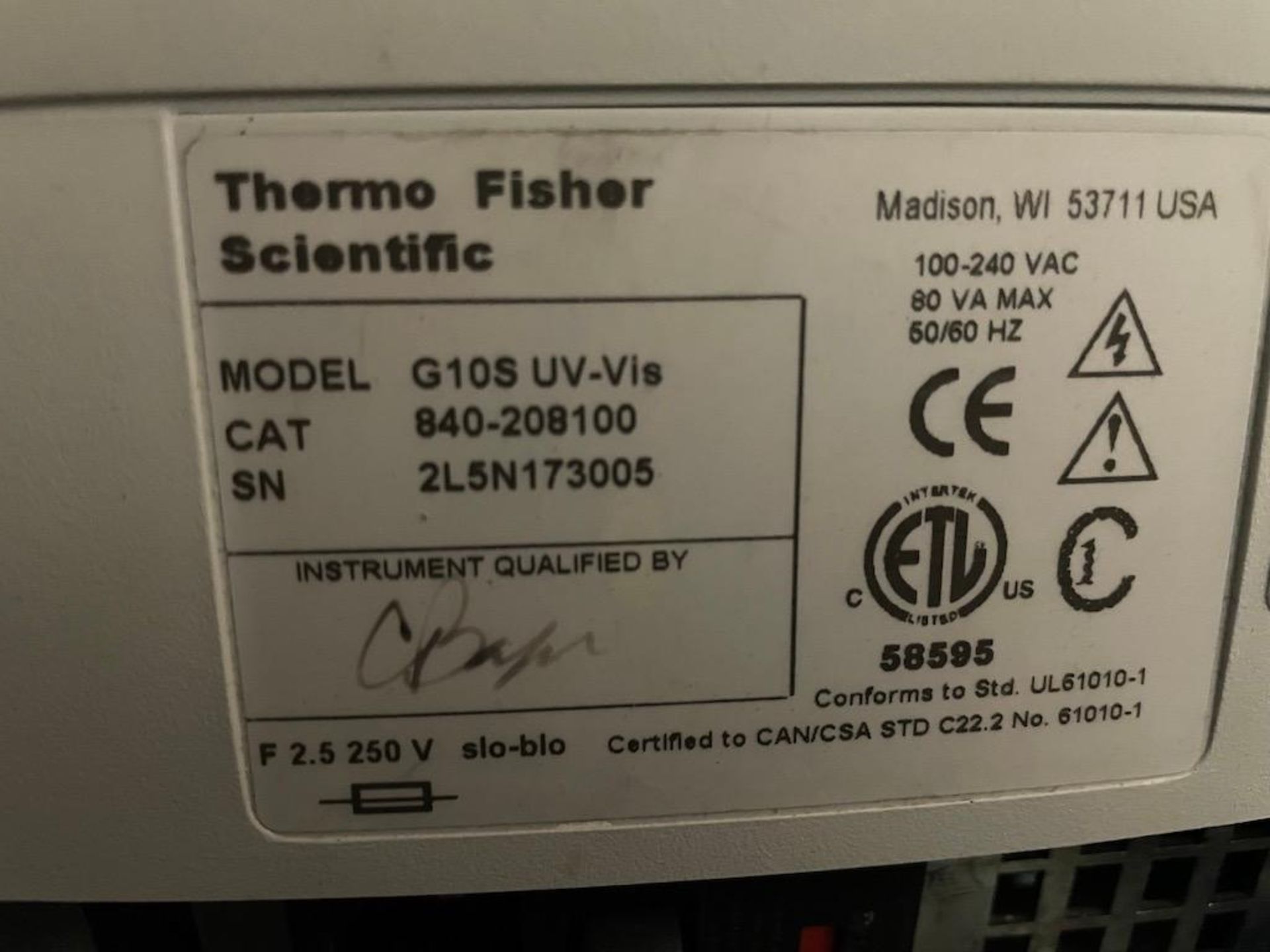 THERMO SCIENTIFIC SPECTROPHOTOMETER MODEL G10SUV-VIS, SN 2L5N173005 - Image 3 of 3