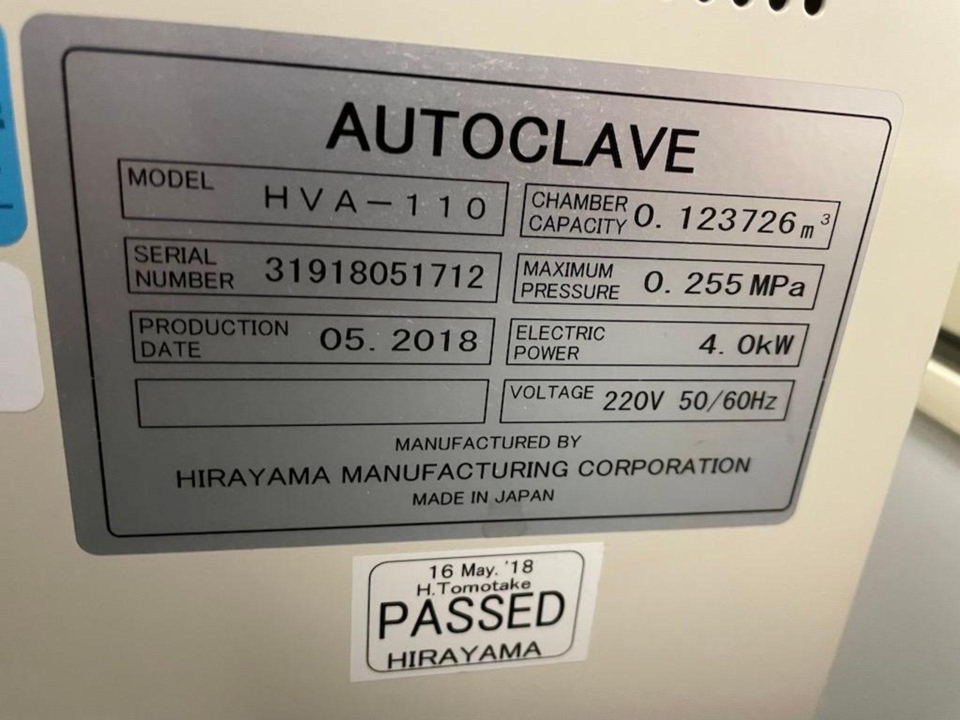 2018 HIRAYAMA AUTOCLAVE MODEL HICLAVE HVA-110, SN 31918051712 - Image 6 of 7