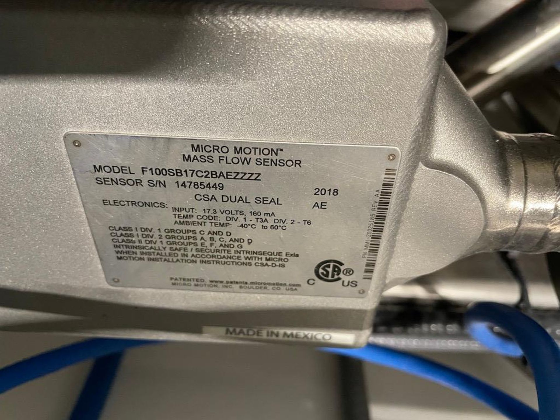 2018 MICRO MOTION MASS FLOW SENSORS: MODEL F100SB17C2BAEZZZZ, FLOW CAL 275.994.67, SN 14785449 IN EX - Image 4 of 4