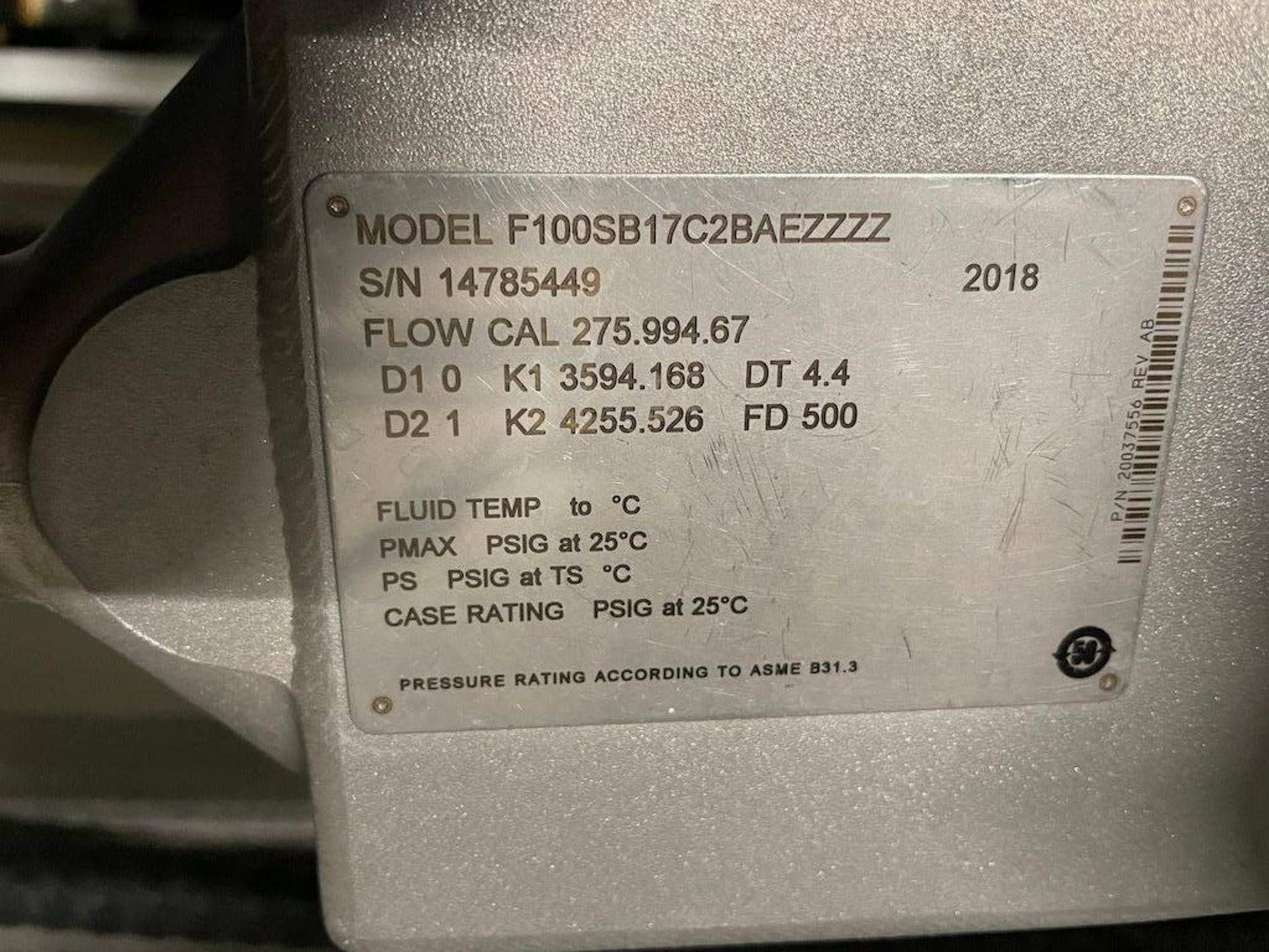 2018 MICRO MOTION MASS FLOW SENSORS: MODEL F100SB17C2BAEZZZZ, FLOW CAL 275.994.67, SN 14785449 IN EX - Image 3 of 4