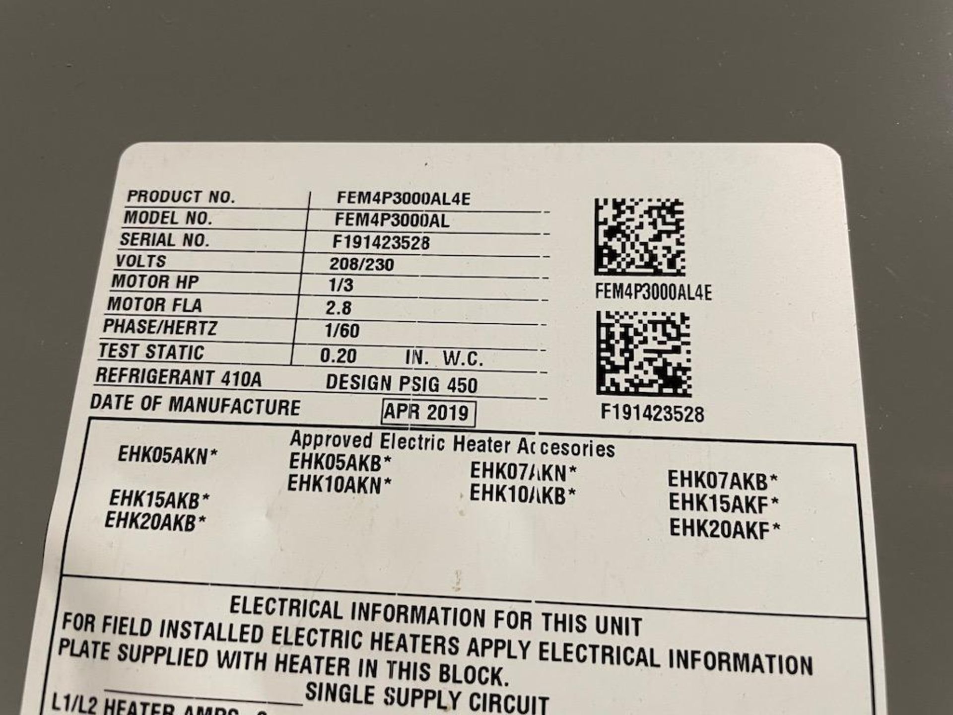 SKID W 2019 KEEPRITE AC UNIT MODEL FEM4P3000AL, SN F191423528, PLU SSIEMENS COMBINATION MOTOR STARTE - Image 5 of 5