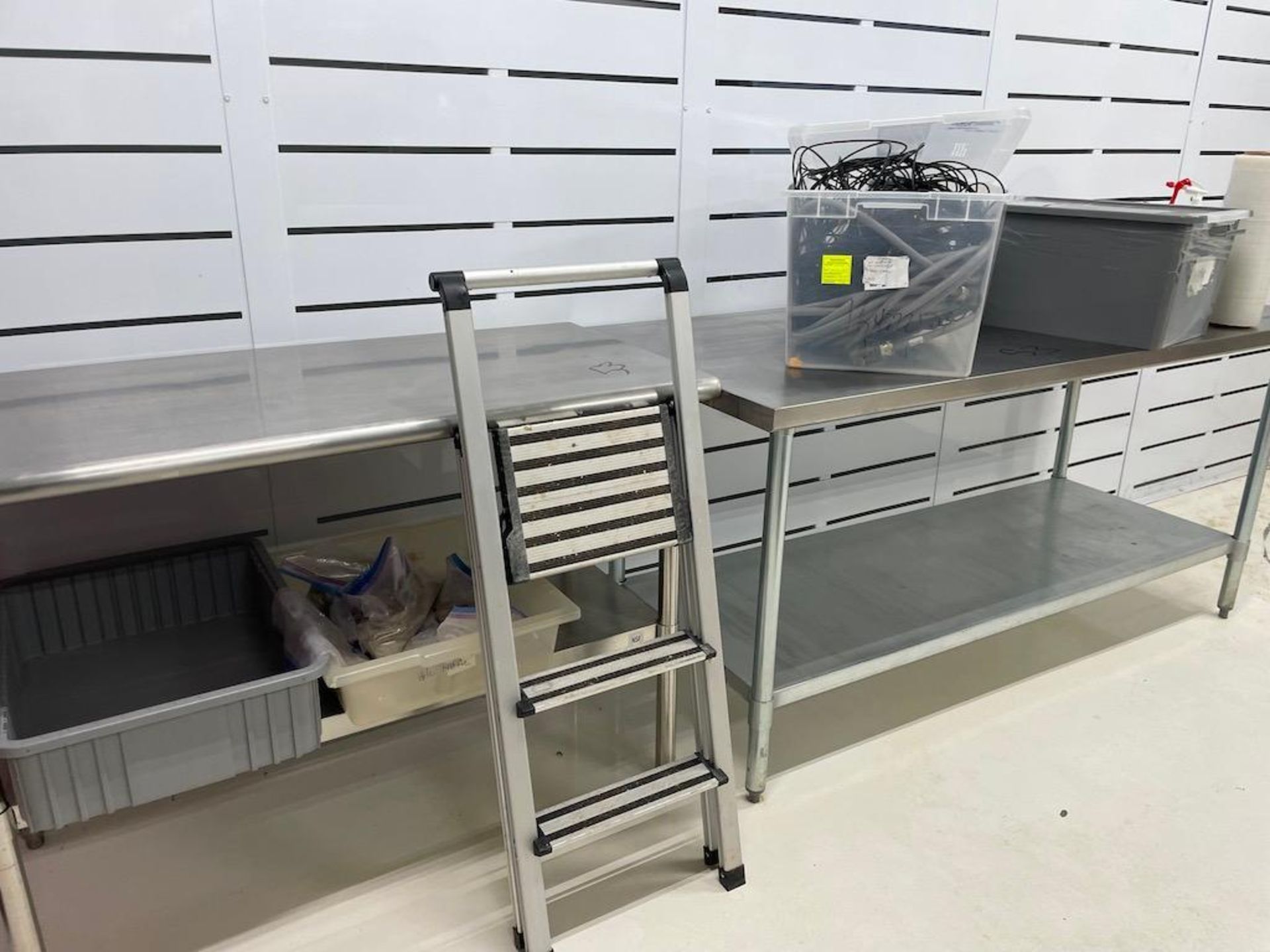 LOT: (4) NSF SS TABLES 6 FT X 30 IN X 34 IN, (1) 4 FT X 2 FT X 3 FT, 5 SHELF WIRE RACK W MASON JAR C - Image 2 of 19