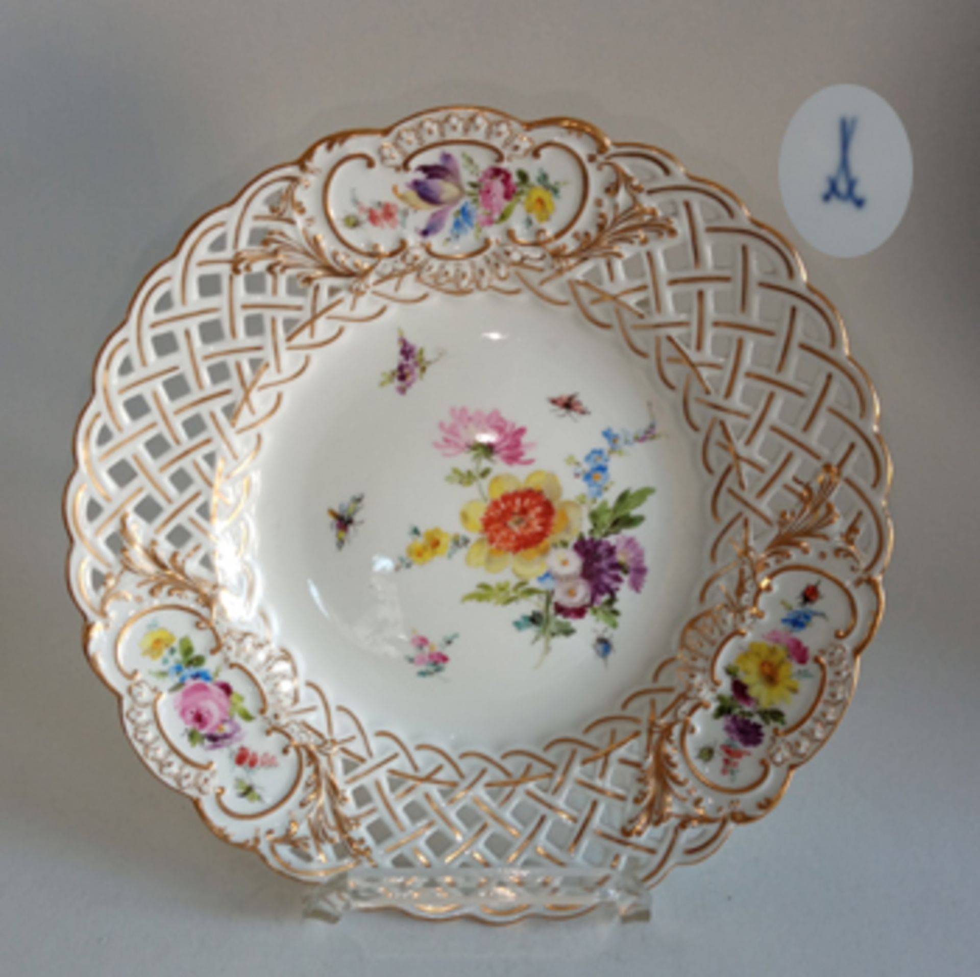 Teller, Durchbrochen, 5er Bukett m. Strbl. & Ins., Meissen 1880, 1 Wahl