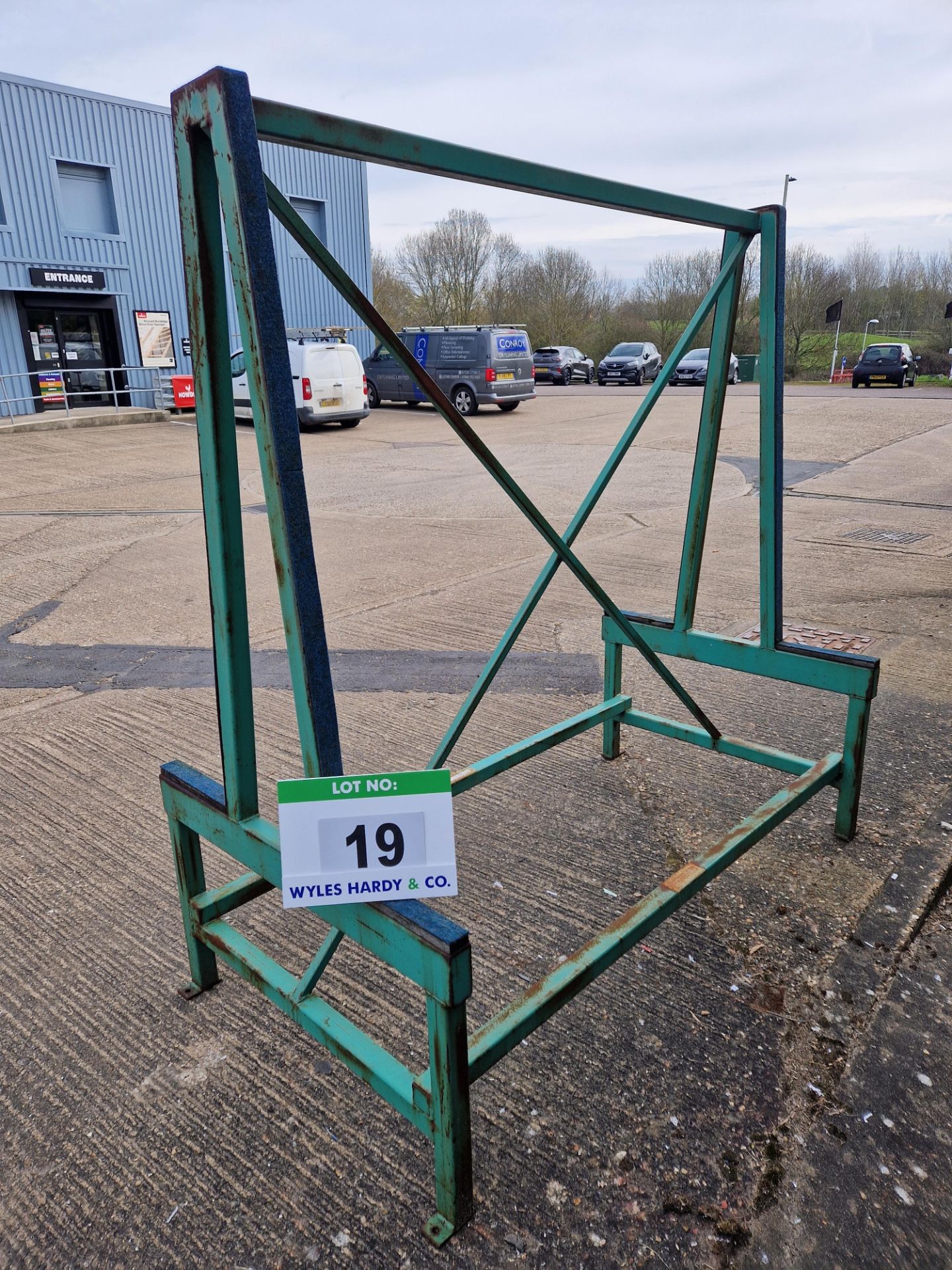 Six Various Green Steel A Framed Double Sided Fork Liftable Sheet Glass Racks (N.B. Contents Not