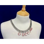 A GUCCI Chunky Silver-Tone Linked Necklace Strung with Enamelled Oversized Letters