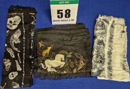 A Set of Three ALEXANDER McQUEEN Silk Scarves. - A Cream Scarf with Black Print Skulls and Birds - A