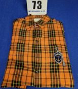 A GUCCI Long Sleeve Wool Blend Flannel Shirt in Check Pattern in tones of Orange, Black and Yellow