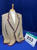 A GUCCI Gold Blazer with Navy Blue Double G Monogram all over and Navy Blue and Red Stripe Trim to