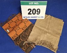 A Set of Two GUCCI Scarves:- - One Wool Scarf in Brown and Orange with Double G Monogram Pattern (