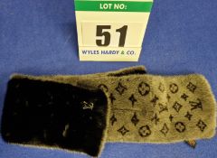 A LOUIS VUITTON Black and Grey Monogram Reverse Neovision Mink Fur Scarf with Silver Logo Badge