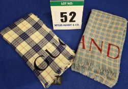 Two GUCCI 100 per cent Wool Scarves. - A White with Blue and Red detailing - A Blue Check with GUCCI