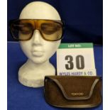 A Pair of TOM FORD Gino Sunglasses in Chunky Brown Plastic, Wayfarer Shape with Gold detail to
