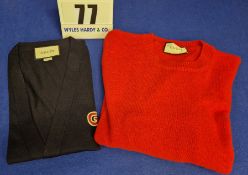 A GUCCI Navy Blue 100 per cent Wool Fine Knit Cardigan with Double G Red Monogram Embroidered on