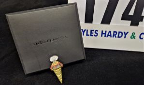 A THEO FENNELL Bespoke Handmade Gelato Brooch in 18-Carat Gold in the shape of an Ice Cream Cone set