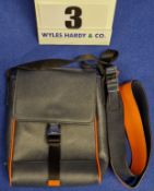 A PRADA Navy and Orange Saffiano Leather Messenger Style Shoulder Bag with Side Release Buckle, Back