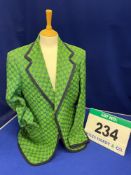 A GUCCI Green Blazer with Navy Blue Double G Monogram all over and Navy Blue Trim to Cuffs and