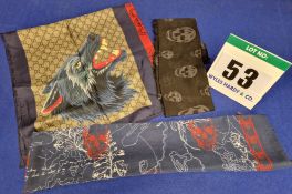 Three Scarves. - A GUCCI 100 per cent Silk Scarf depicting Four Werewolves with Phrase "XXV