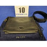 A PRADA Black Calf Skin Leather Accordion Pouch with Wrist Strap, Textile Lining and Zipper Closure.