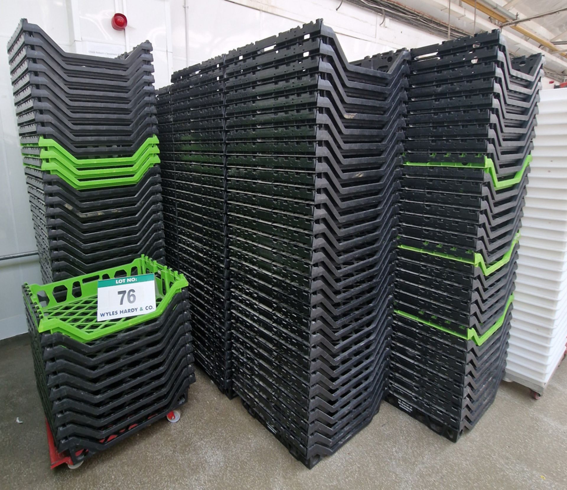 Two Hundred and Fifty Three Green/Black Plastic Stacking Bread Baskets, each approx. 580mm x 620mm x