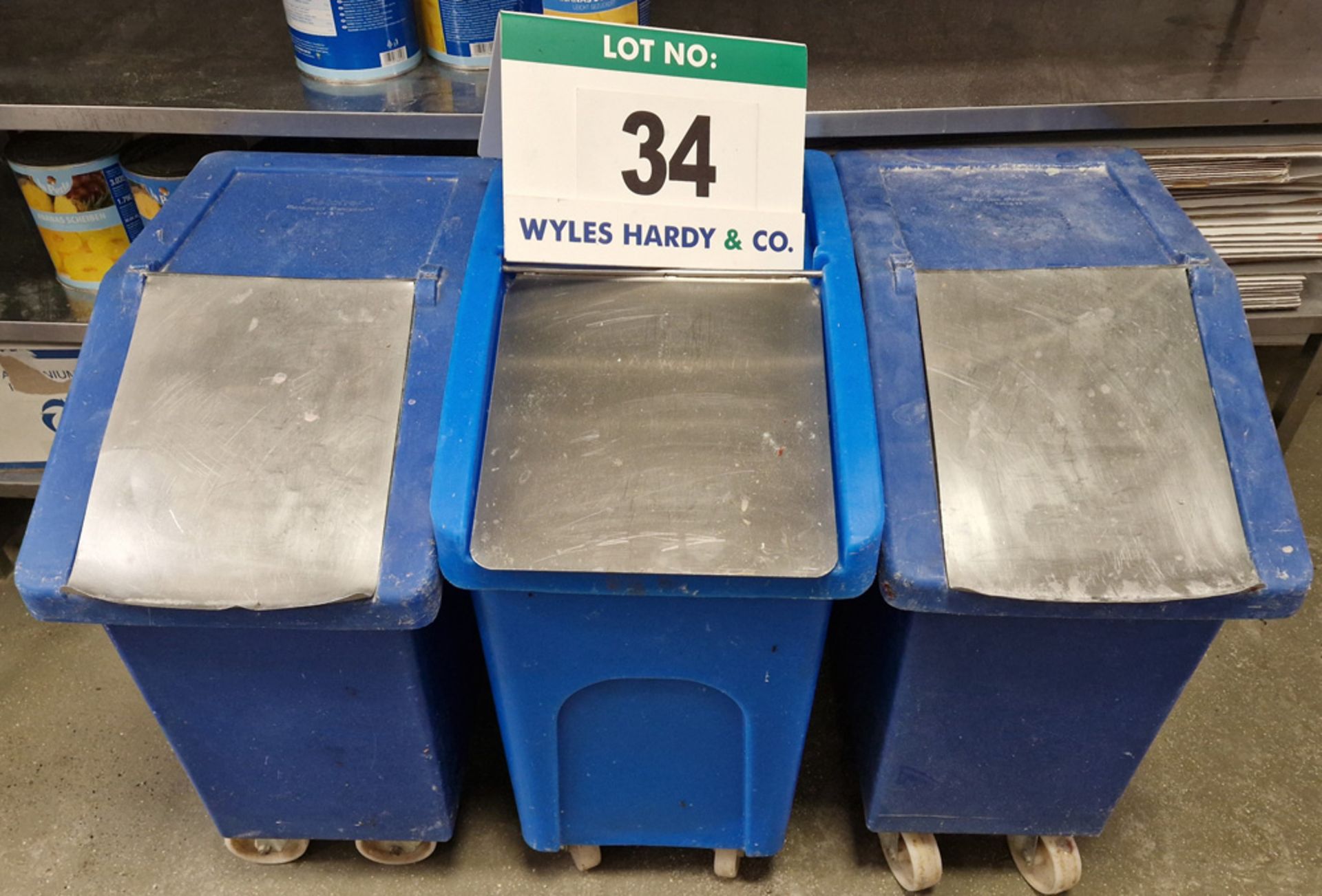 Three FLETCHER Blue Plastic Mobile Ingredients Bins, each with Lid