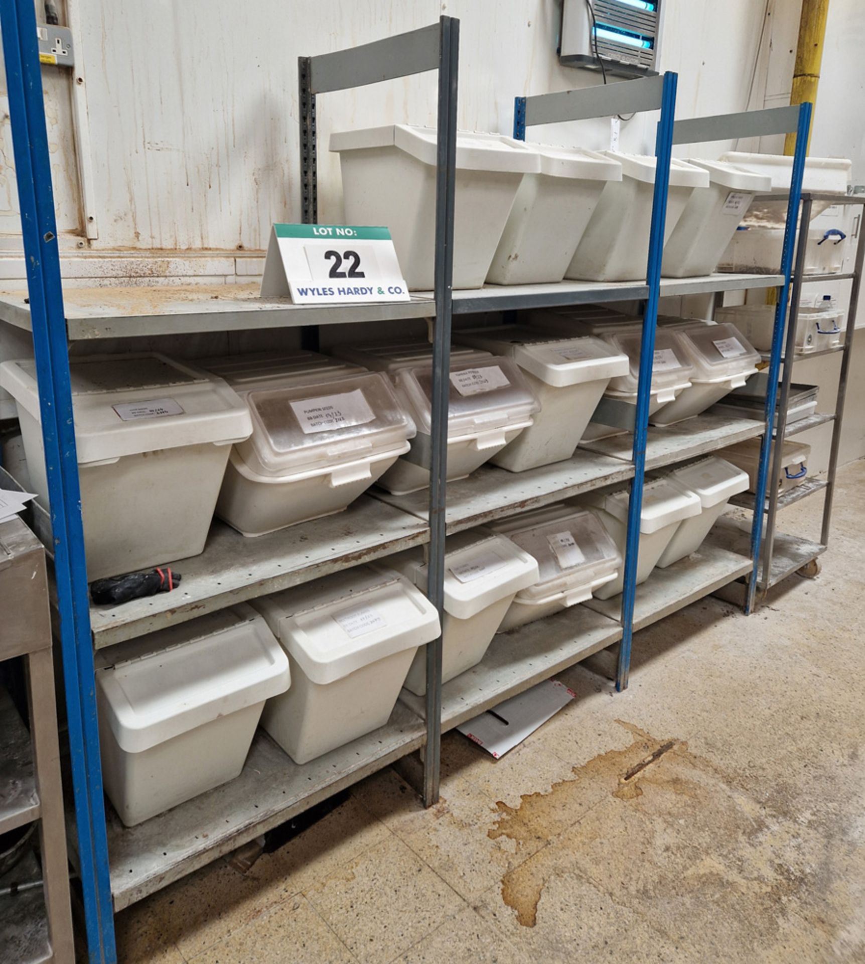 Three 1M Bays Light Duty Steel Shelving - fitted 3-Shelves, with Sixteen Various White Plastic