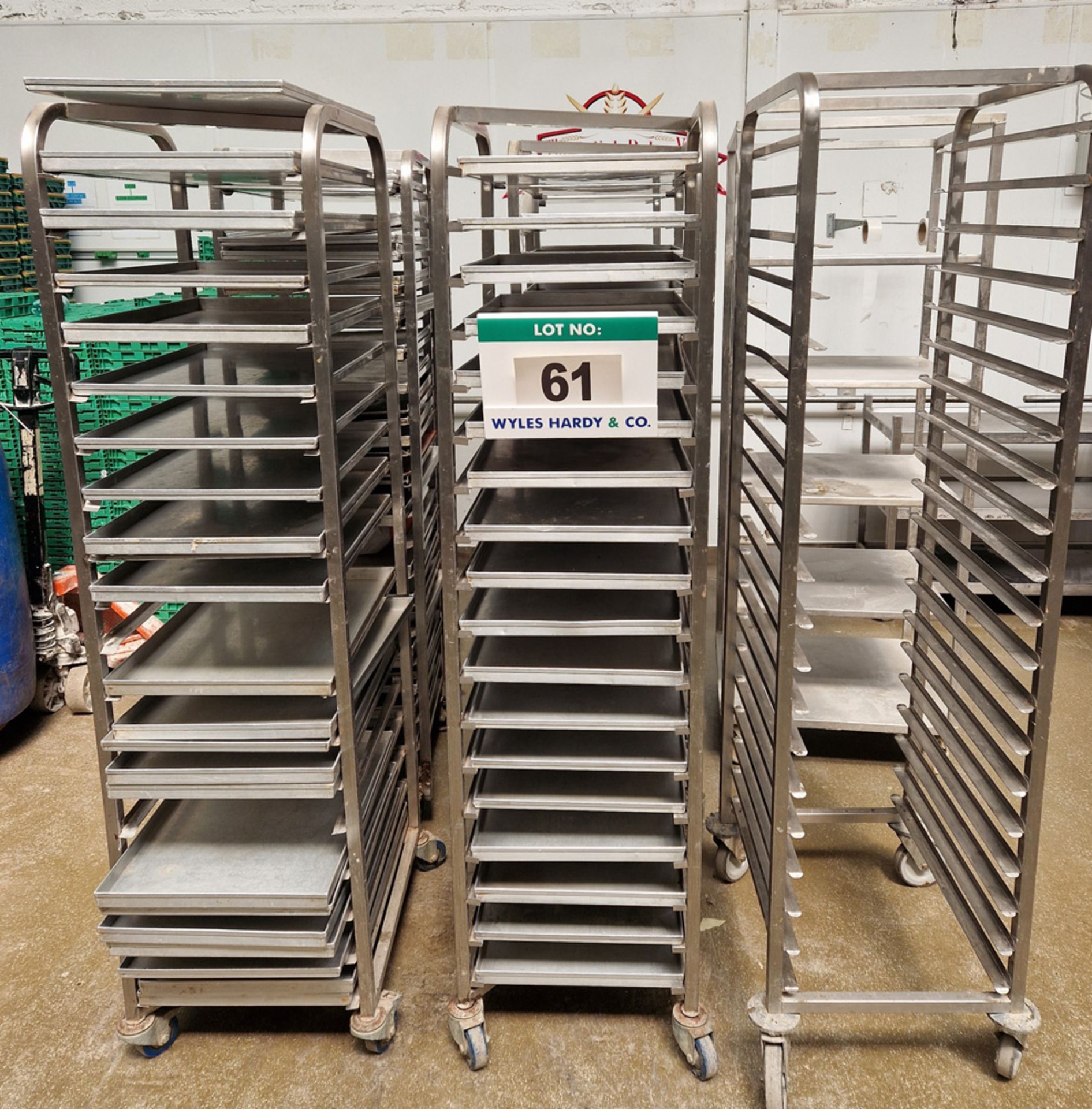 Seven Fabricated Stainless Steel 20-Tray capacity Trolleys, approx. 400mm x 600mm x 1810mm tall