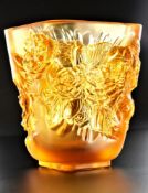A LALIQUE Pivoines Small Vase in Amber Crystal depicting Peony Flowers. Product Code: 10708600. Hand