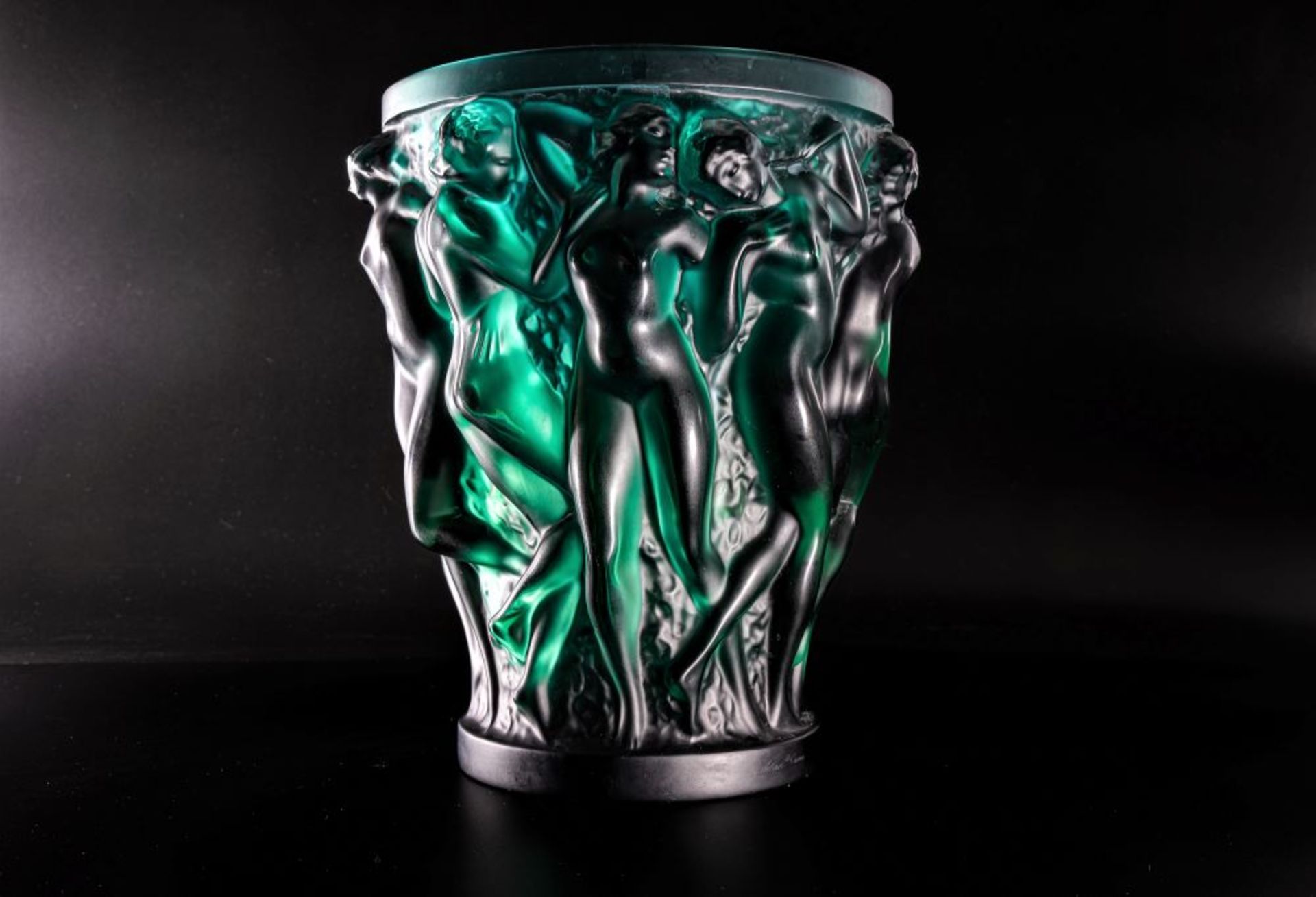 A LALIQUE Bacchantes Vase in Deep Green Crystal. from the Original 1927 Design by Rene Lalique