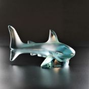 A LALIQUE Small Shark Sculpture in Persepolis Blue Crystal. Product Code: 10673100. Hand Etched '